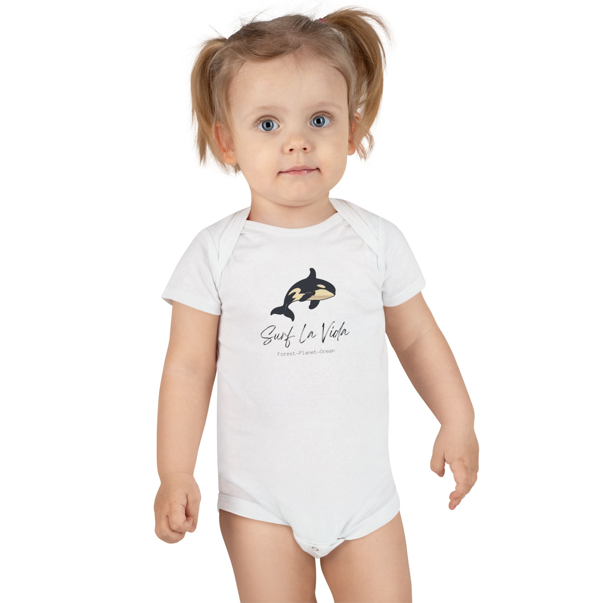 Orca 'Surf La Vida' Baby Onesie — Cute Whale Graphic Infant Bodysuit